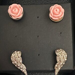 Pink Rose and Silver Leaf Earrings Set